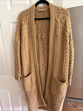 Michael Kors Camel Cable Knit Open-Front Cardigan